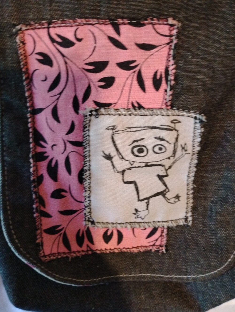 Denim Crossbody Bag with Pink Patch Graphic